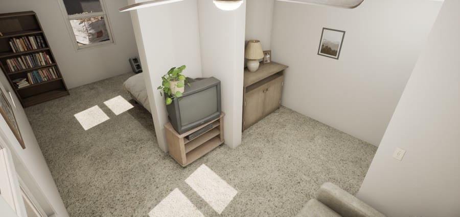 Mission 1, the apartment: a bookcase, an old TV and sunlight on the carpet