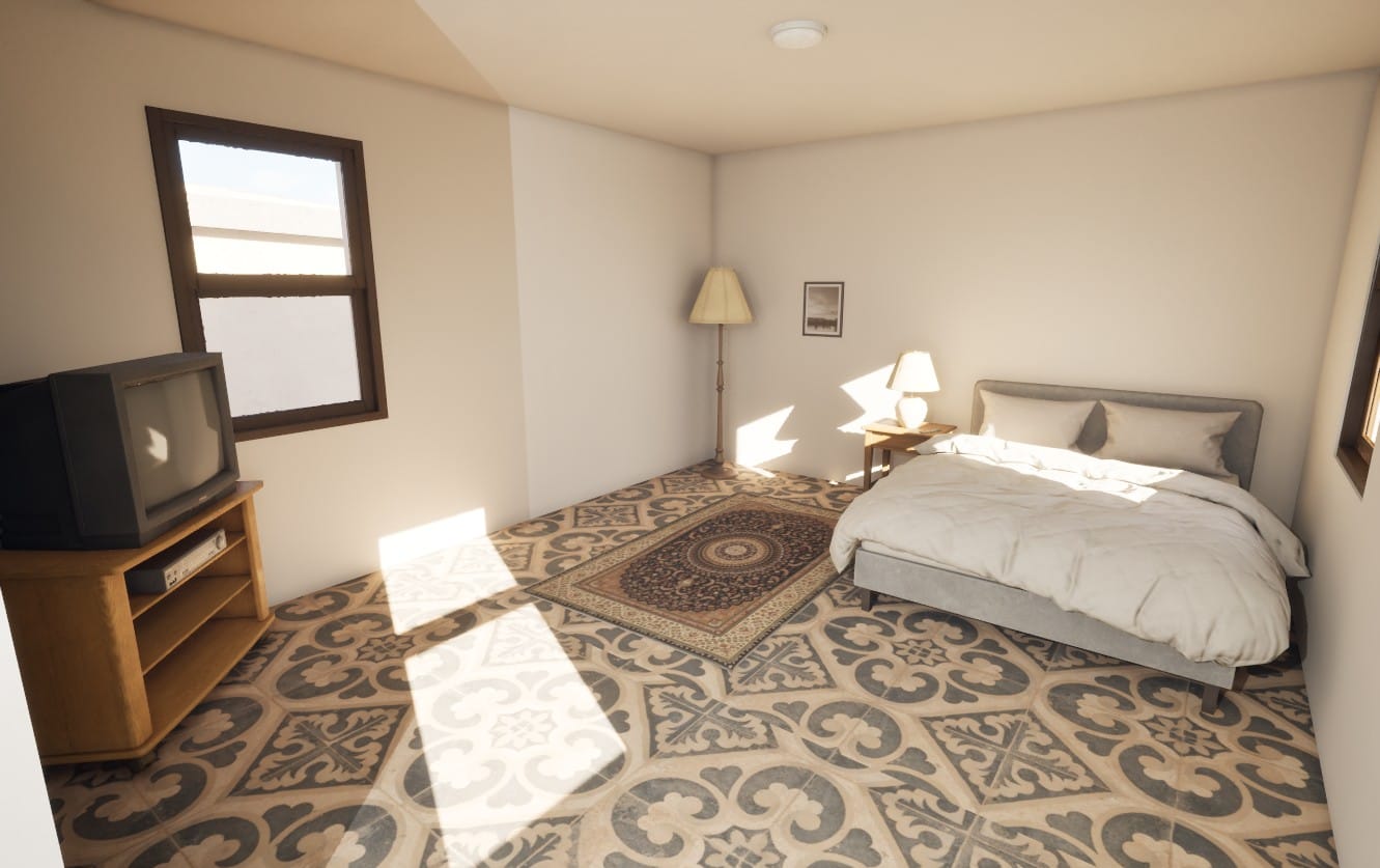 Mission 2, the bedroom: a bed, a TV and a lamp, with sunlight on patterned tiles