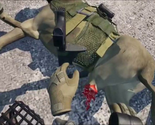 The handler's gloved hand on the bleeding leg of the injured canine
