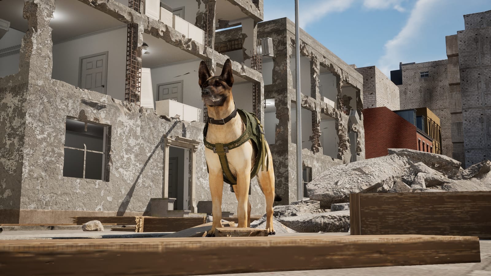 Ein Deutscher Schäferhund mit taktischer Weste steht wachsam zwischen zerstörten Gebäuden in einem MAVRICK-Szenario
