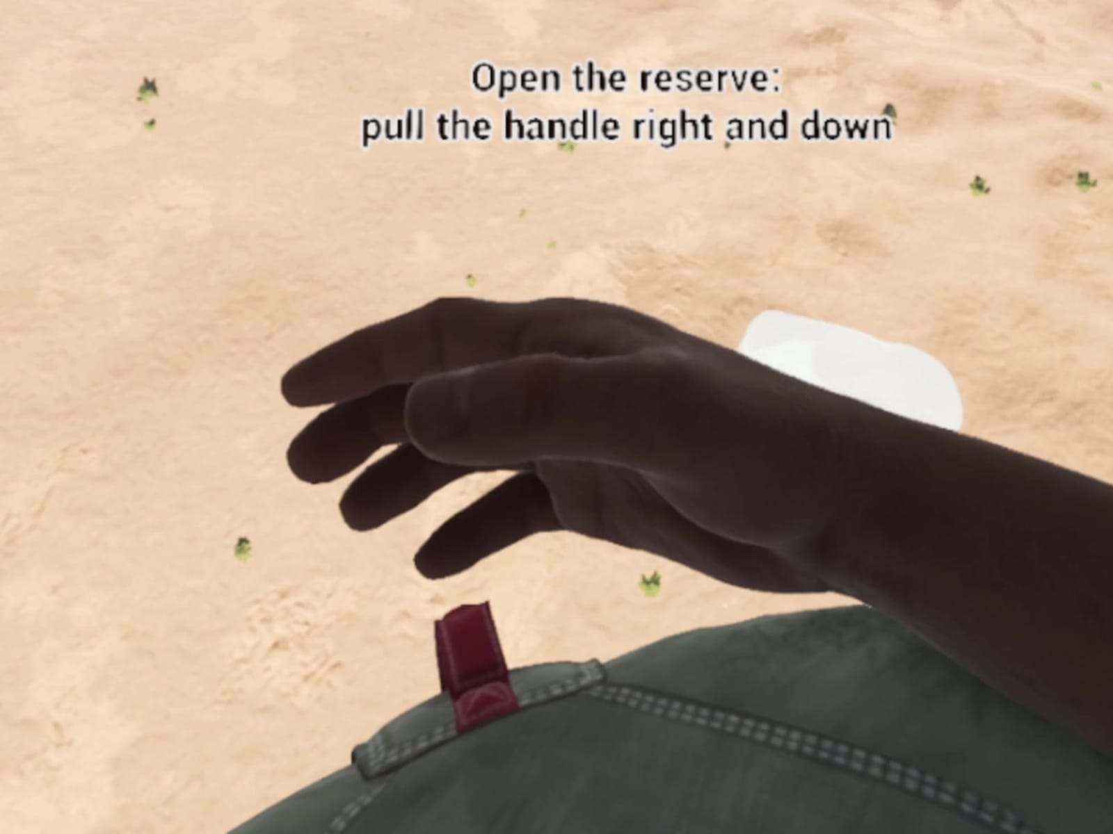 The reserve on the trainee's chest, their hand on its handle, with the in-headset hint: open the reserve, pull the handle right and down